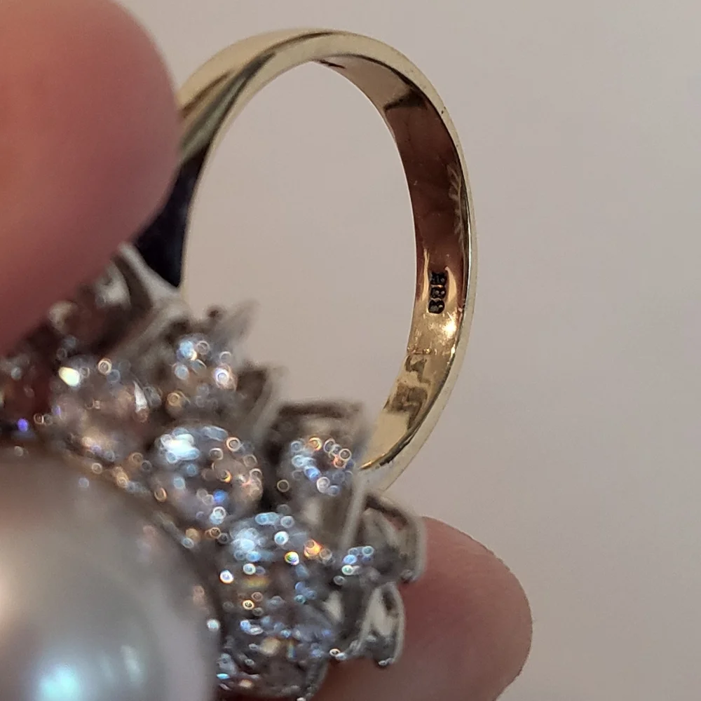 13mm white south sea pearl 14k yellow & white gold ring Sz6 Signity CZ halo - Picture 10 of 10